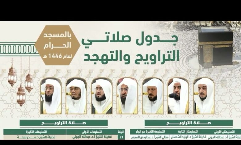 جدول صلاة التراويح والتهجد 1447 هـ بالمسجد الحرام والمسجد النبوي – كامل التفاصيل